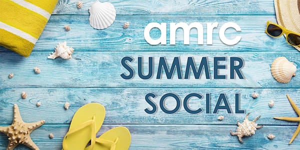 AMRC summer social banner (title on blue wood background surrounded by beach paraphernalia)