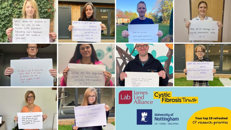The people holding up the research priorities represent all the different groups of people who were involved, from people with CF, parents, members of the committee, healthcare professionals and researchers.